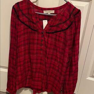 LOFT Red Checkered Blouse with Black Trim